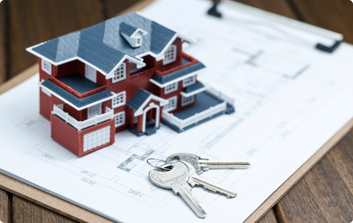 villa-house-model-key-drawing-retro-desktop-real-estate-sale-concept