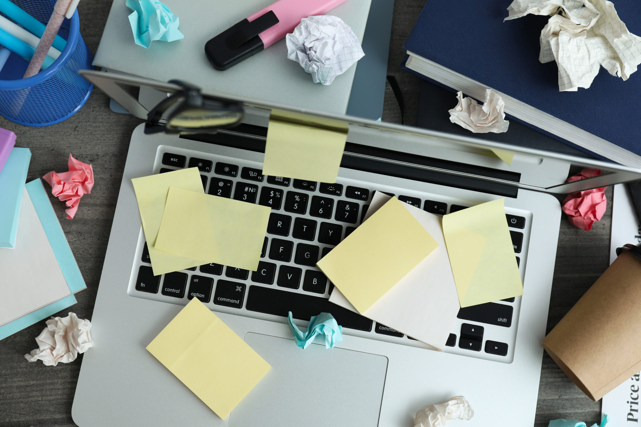 Messy office workplace, workplace and workspace concept
